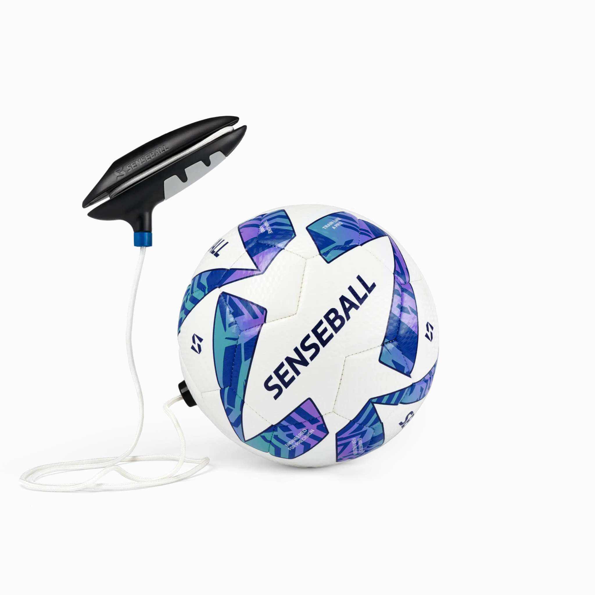 Blue SenseBall football kick trainer with size 3 ball and cord for skill development.